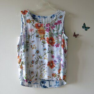 Johny Was Reversible Rayon Floral Blue Forest Low High Bohemian Tank Top Size L